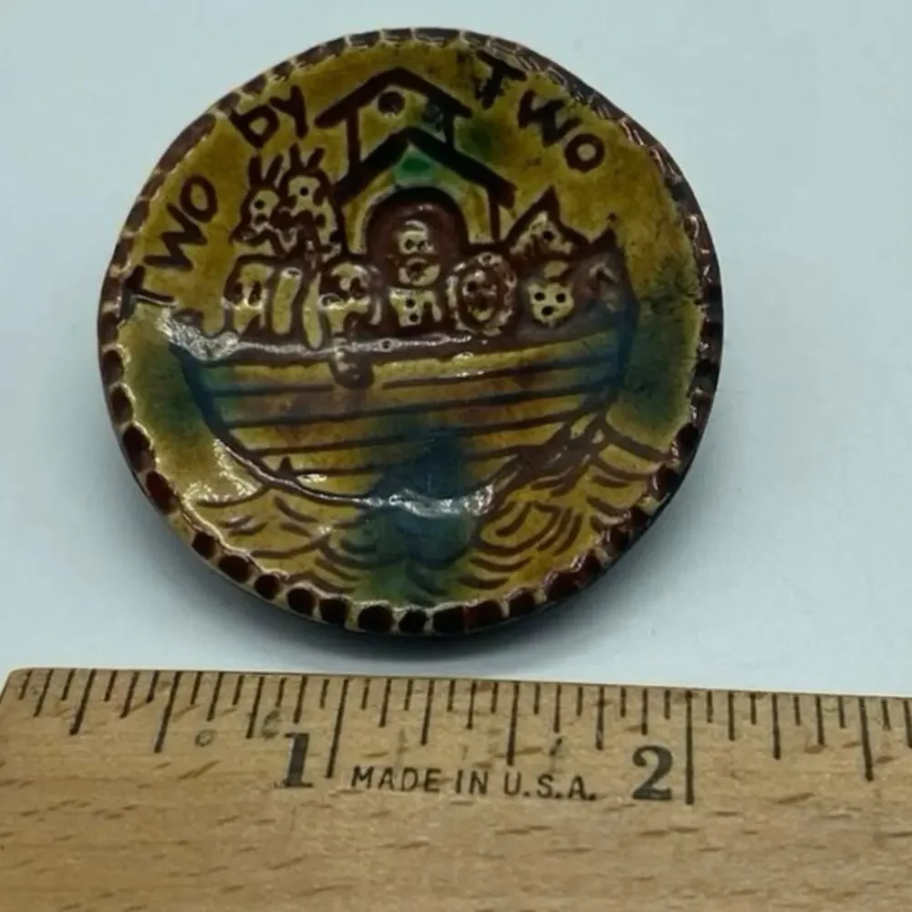 Vintage Handmade Pottery Brooch‎ signed Two by Two Religious Pin Noah's Ark